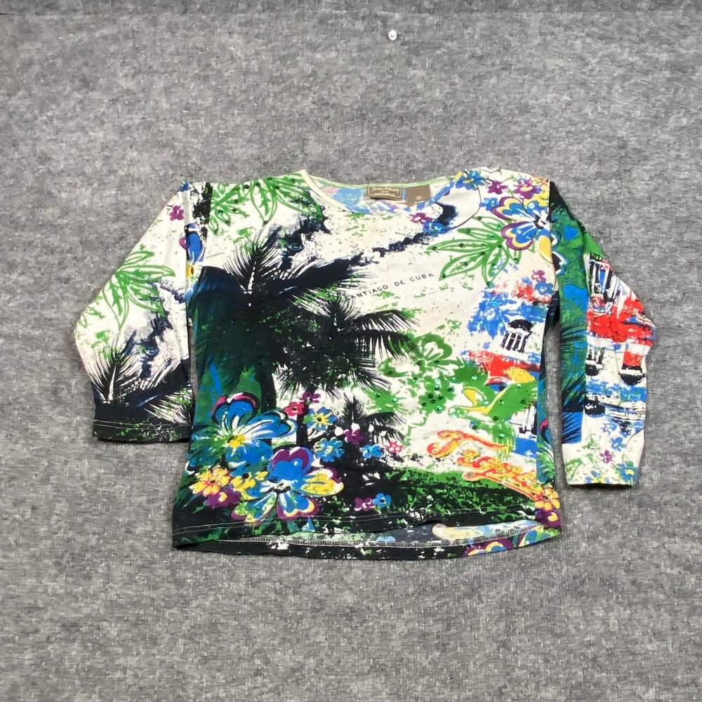 Jane Ashley Petite Santiago De Cuba Tropical Sequin Cotton Top Multicolor PL